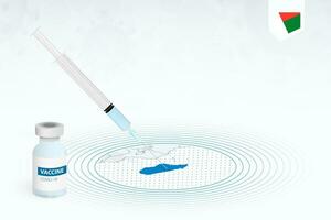 COVID-19 vaccination in Madagascar, coronavirus vaccination illustration with vaccine bottle and syringe injection in map of Madagascar. vector