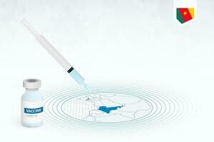 COVID-19 vaccination in Cameroon, coronavirus vaccination illustration with vaccine bottle and syringe injection in map of Cameroon. vector