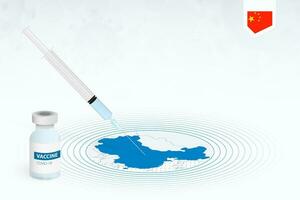 COVID-19 vaccination in China, coronavirus vaccination illustration with vaccine bottle and syringe injection in map of China. vector