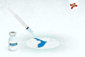 COVID-19 vaccination in Florida, coronavirus vaccination illustration with vaccine bottle and syringe injection in map of Florida. vector