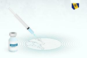 COVID-19 vaccination in Barbados, coronavirus vaccination illustration with vaccine bottle and syringe injection in map of Barbados. vector