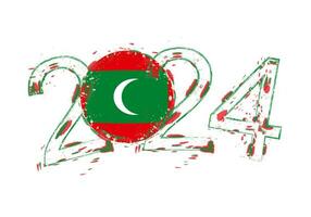 2024 Year in grunge style with flag of Maldives. vector