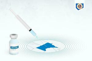 COVID-19 vaccination in Minnesota, coronavirus vaccination illustration with vaccine bottle and syringe injection in map of Minnesota. vector