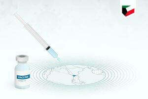 COVID-19 vaccination in Kuwait, coronavirus vaccination illustration with vaccine bottle and syringe injection in map of Kuwait. vector