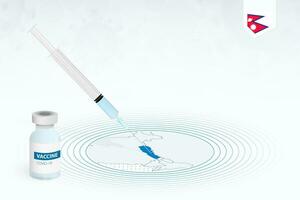 COVID-19 vaccination in Nepal, coronavirus vaccination illustration with vaccine bottle and syringe injection in map of Nepal. vector