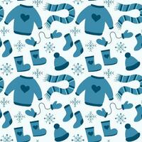 Seamless pattern with winter clothes. Sweater, socks, boots, scarf, mittens, hat and snowflakes. Vector flat illustration.