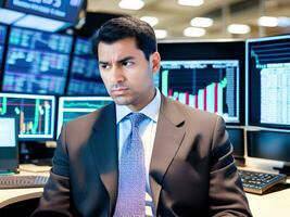 Portrait of serious businessman trader in front of stock trading graph monitors. AI Generative photo