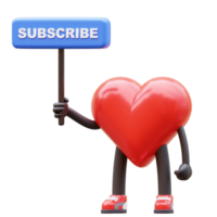 groovy vintage 3d heart character holding a subscribe sign. mascot 3d illustration png