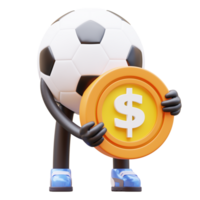 3D soccer ball character holding a coin with a dollar sign on it png