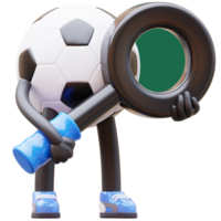 3d tekenfilm voetbal bal karakter met vergroten glas en een vergroten lens png