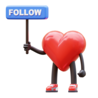 groovy vintage 3d heart character holding a follow sign. mascot 3d illustration png