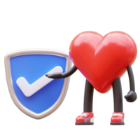 groovy vintage 3d heart character with a shield marked with a check mark. mascot 3d illustration png