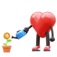 groovy vintage 3d heart character with pot watering money tree. mascot 3d illustration png