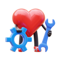 groovy vintage 3d coração personagem segurando uma engrenagem e chave inglesa. manutenção mascote 3d ilustração png