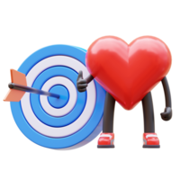 groovy vintage 3d heart character with Archery Target and Dart in Center. mascot 3d illustration png