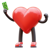 groovy vintage 3d heart character holding a money. mascot 3d illustration png