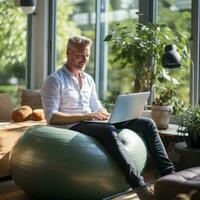 Man working on laptop while sitting on exercise ball photo