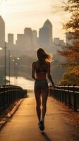 Woman jogging with city skyline in the distance photo