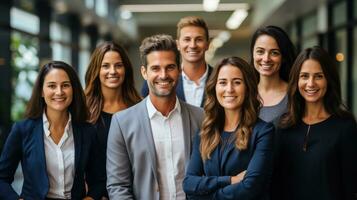 Happy team standing together in modern office photo