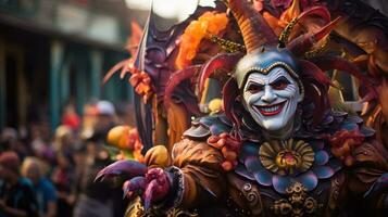 vibrante flotadores y intérpretes desfile mediante el calles a mardi gras foto