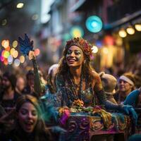 vibrante flotadores y intérpretes desfile mediante el calles a mardi gras foto