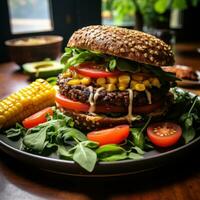Plant-based burger. juicy meaty and guilt-free photo