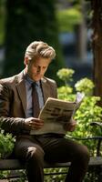 Man reading newspaper on a park bench photo