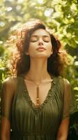 Woman meditating with eyes closed in nature photo