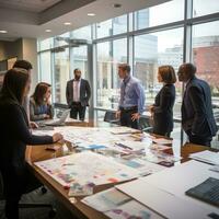 Group brainstorming around conference table photo