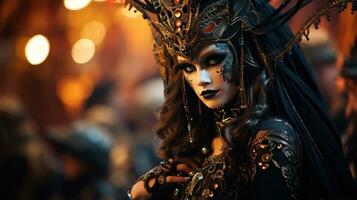 Masquerade ball at Venice Carnival with ornate masks and costumes photo