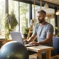 Man working on laptop while sitting on exercise ball photo