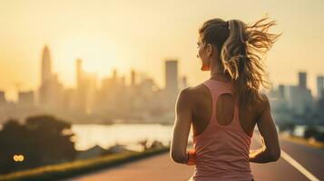 mujer trotar con ciudad horizonte en el distancia foto