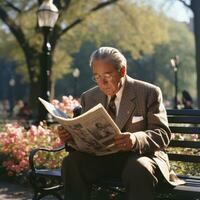 Man reading newspaper on a park bench photo