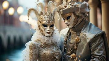 Masquerade ball at Venice Carnival with ornate masks and costumes photo