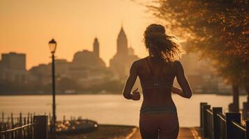 Woman jogging with city skyline in the distance photo