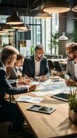 Group brainstorming around conference table photo