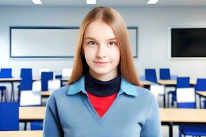 Portrait of a smiling female student in a classroom. AI Generative photo