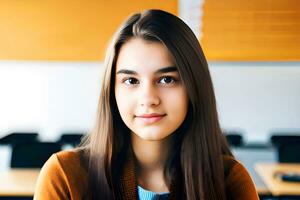 Portrait of a smiling female student in a classroom. AI Generative photo