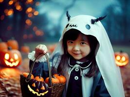 linda pequeño niña con un calabaza caramelo Cubeta en Víspera de Todos los Santos noche. ai generativo foto