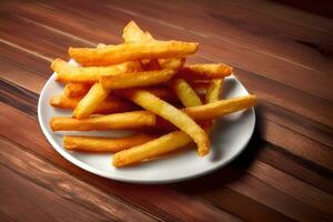 francés papas fritas en un blanco plato en un de madera mesa. ai generativo foto