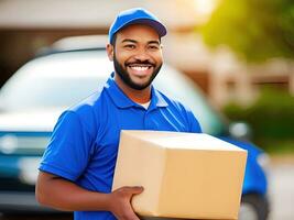 smiling delivery man with parcel box. AI Generative photo