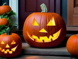 Halloween pumpkin head jack o lantern with burning candle on brick wall background. AI Generative photo