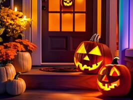 Halloween pumpkins in front of the entrance door at night. AI Generative photo