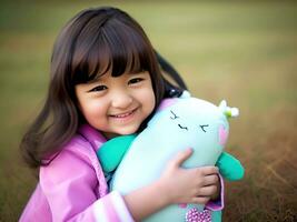 linda pequeño asiático niña jugando con muñeca. ai generativo foto