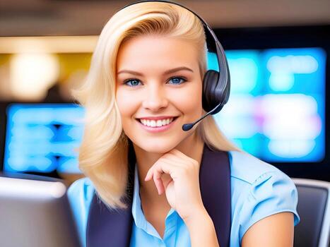 Portrait of beautiful smiling customer service representative with headset in call center. AI Generative photo