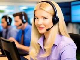 Portrait of beautiful smiling customer service representative with headset in call center. AI Generative photo