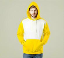 Young man wearing blank yellow hoodie mockup print presentation mockup ai generate photo