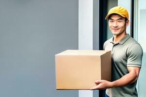 delivery man holding cardboard box in front of the door. AI Generative photo