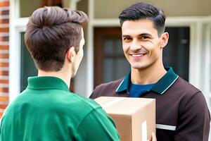 Smiling young man receiving a parcel from a delivery man at home. AI Generative photo