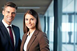 Portrait of a smiling business team standing in the office looking at camera. AI Generative photo